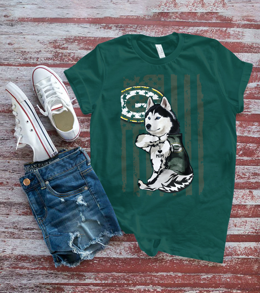 Siberian Husky Green Bay Packers Mom Fan With Heart Tattoo And Team T-Shirt
