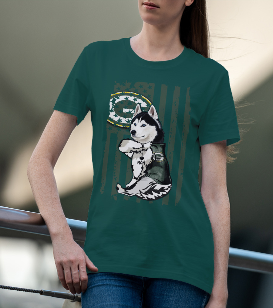 Siberian Husky Green Bay Packers Mom Fan With Heart Tattoo And Team T-Shirt