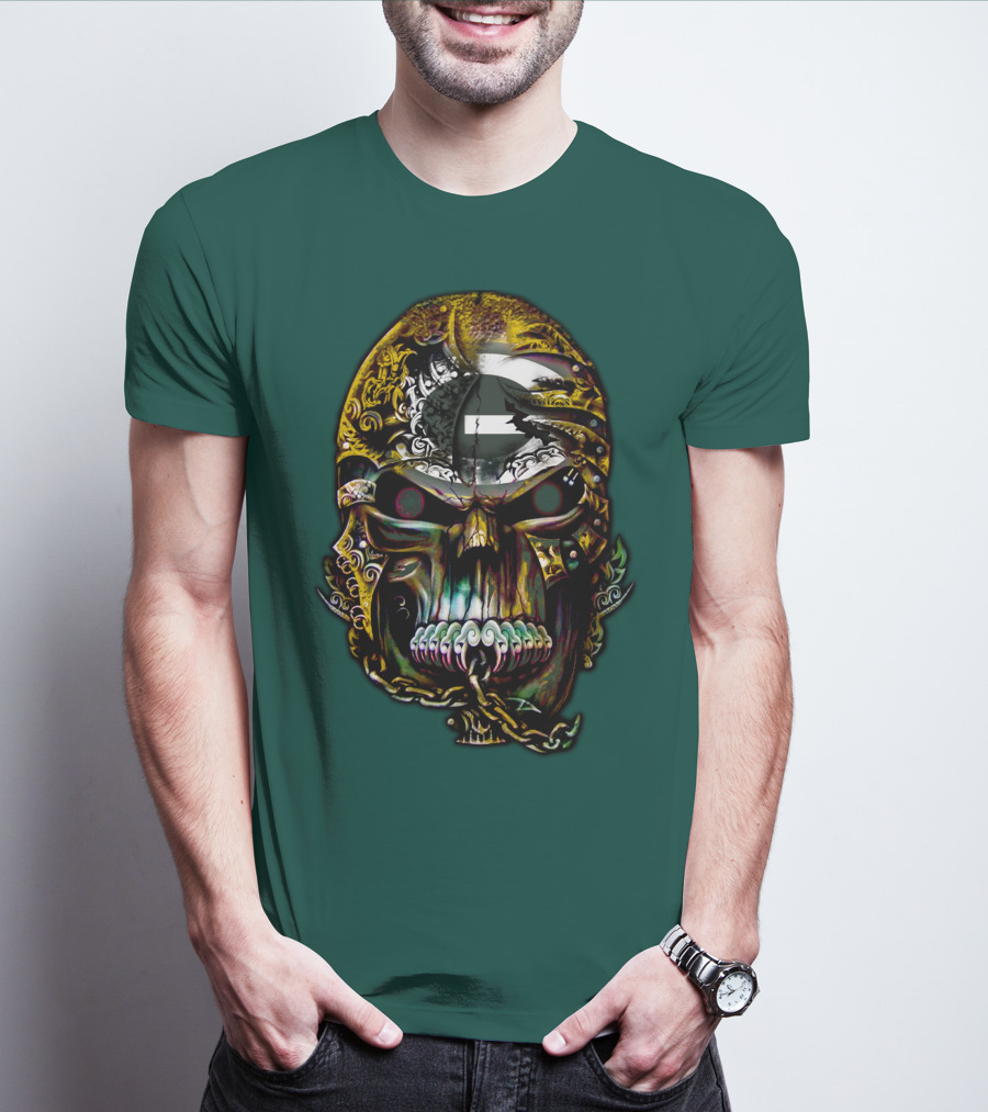 Green Bay Packers 82 Skull Art With Chain Motif T-Shirt