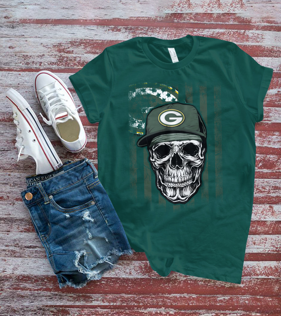 Skull Wearing Green Bay Packers Cap On Flag Background T-Shirt