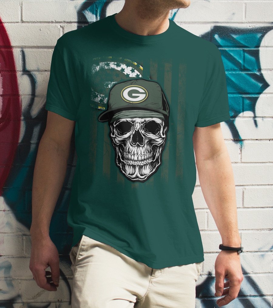Skull Wearing Green Bay Packers Cap On Flag Background T-Shirt