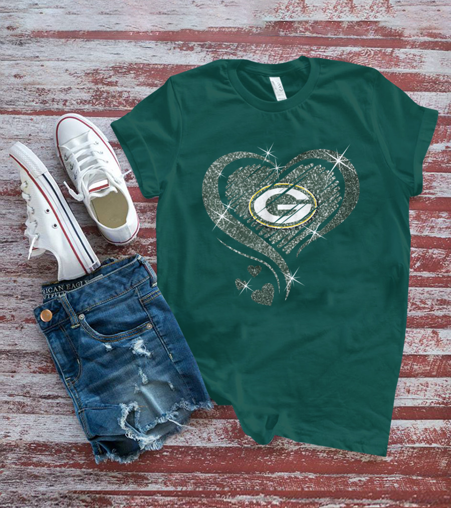 Green Bay Packers Heart Diamond Sparkle T-Shirt
