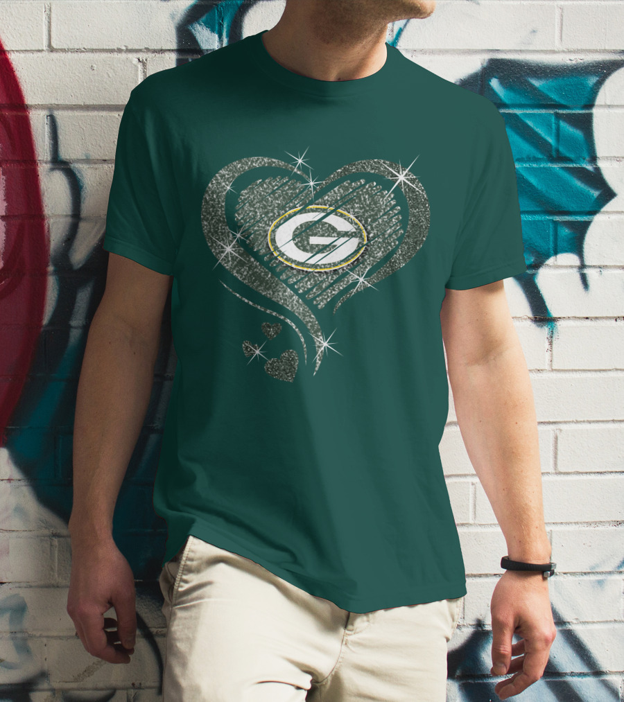 Green Bay Packers Heart Diamond Sparkle T-Shirt