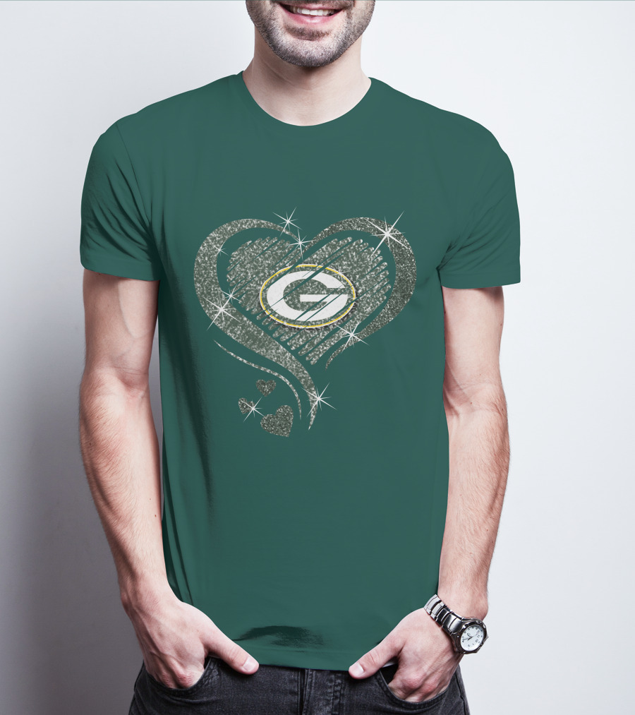 Green Bay Packers Heart Diamond Sparkle T-Shirt
