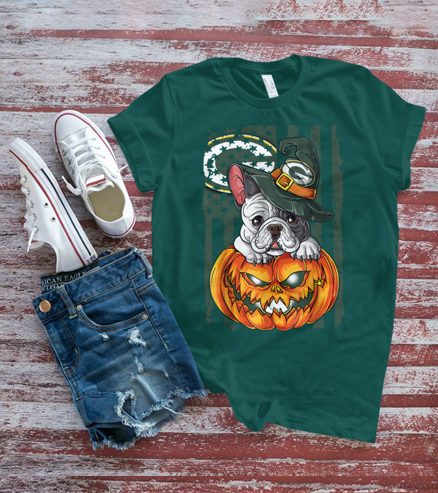 Hlw Bulldog Halloween Witch Green Bay Packers Pumpkin T-Shirt