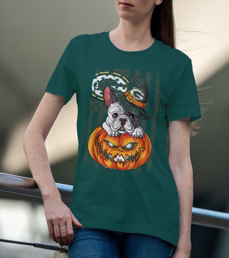 Hlw Bulldog Halloween Witch Green Bay Packers Pumpkin T-Shirt