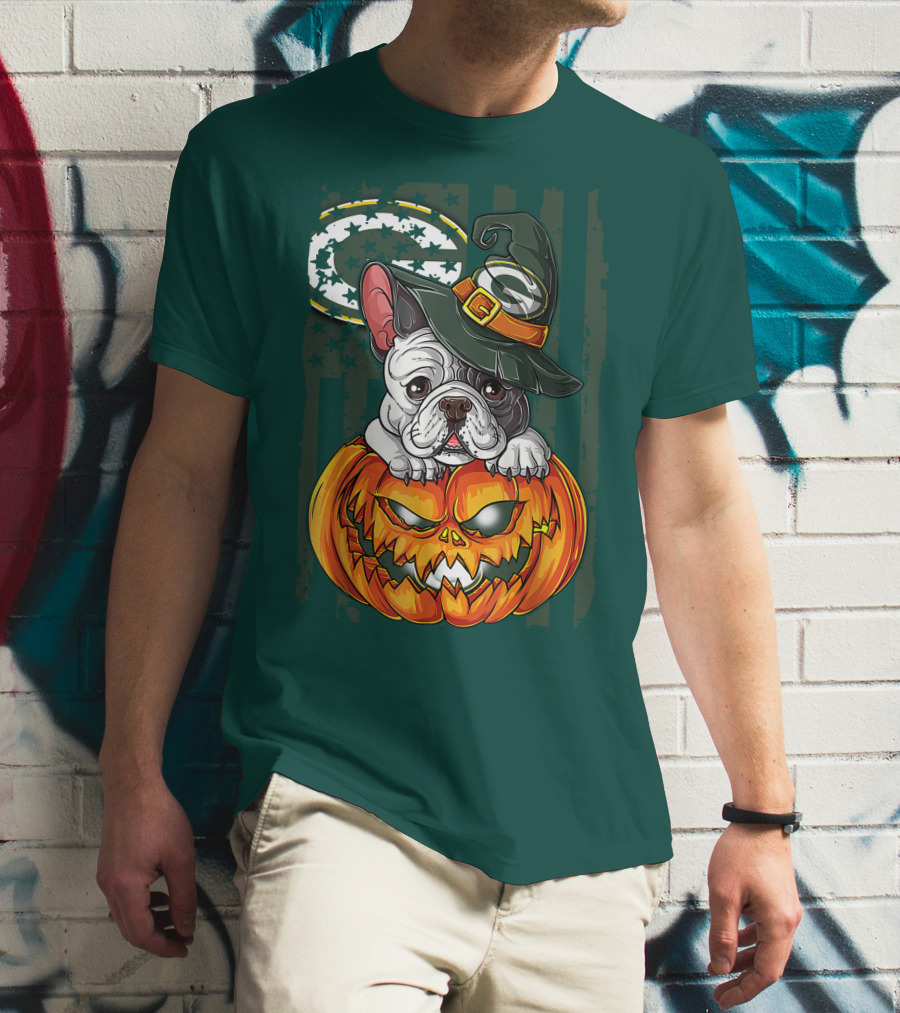 Hlw Bulldog Halloween Witch Green Bay Packers Pumpkin T-Shirt