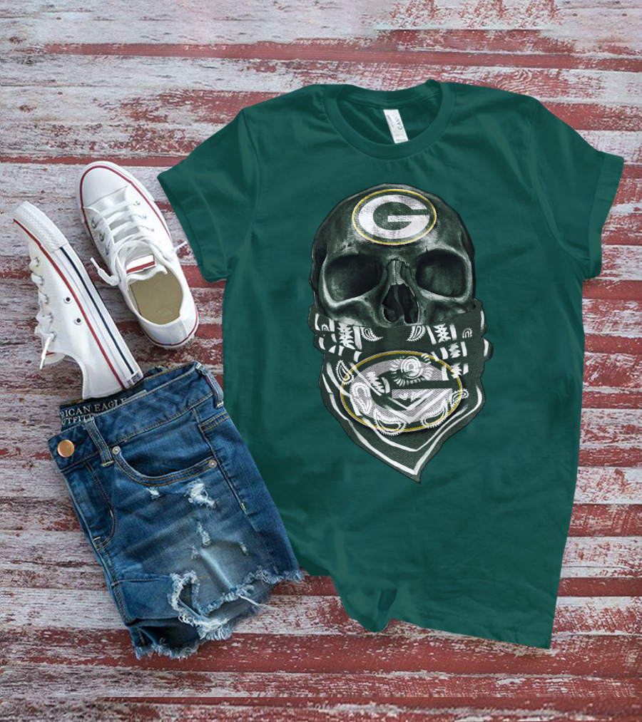 Skull Wearing Green Bay Packers Bandana T-Shirt