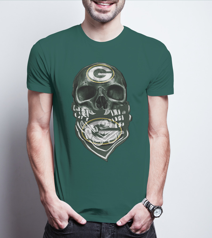 Skull Wearing Green Bay Packers Bandana T-Shirt