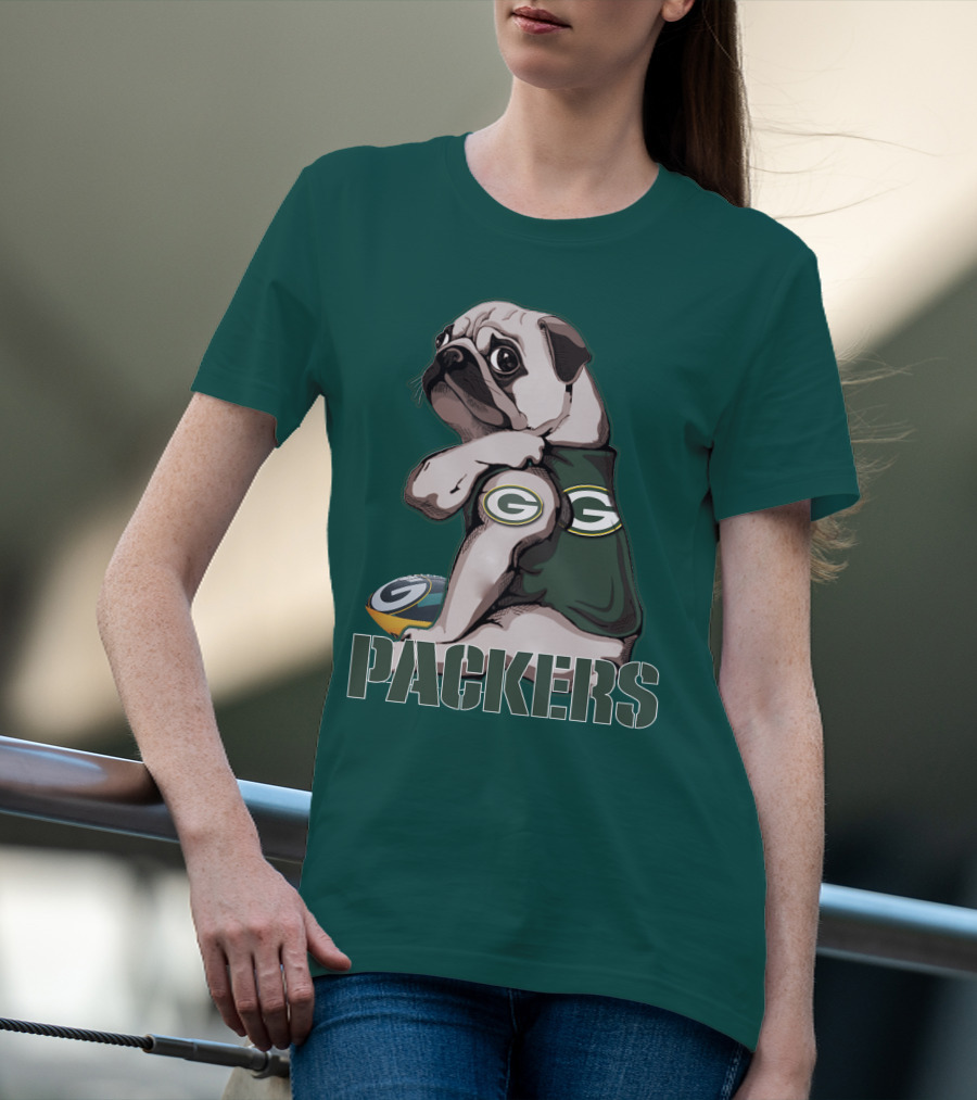 Pug With Green Bay Packers Logo In Team Colors T-Shirt