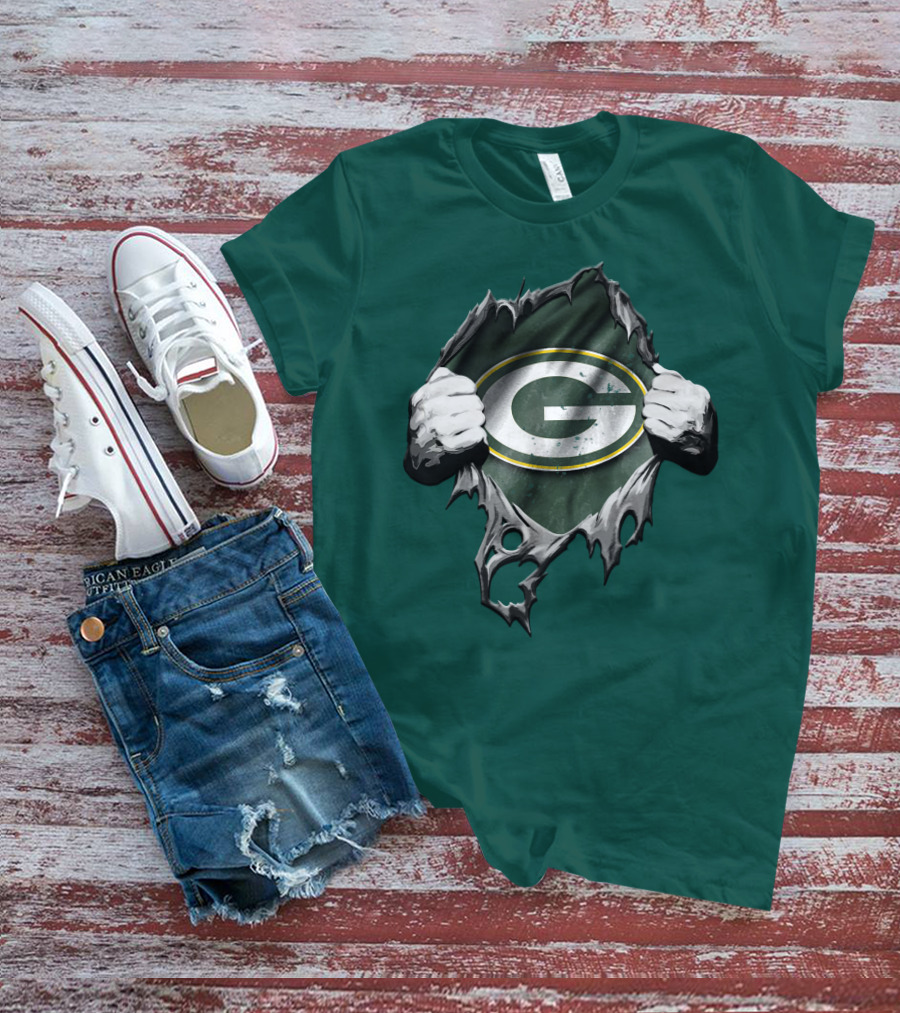 Torn Green Bay Packers Logo With Hands On Green Background T-Shirt