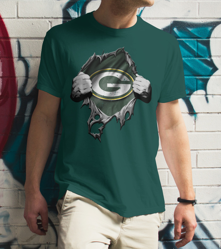 Torn Green Bay Packers Logo With Hands On Green Background T-Shirt
