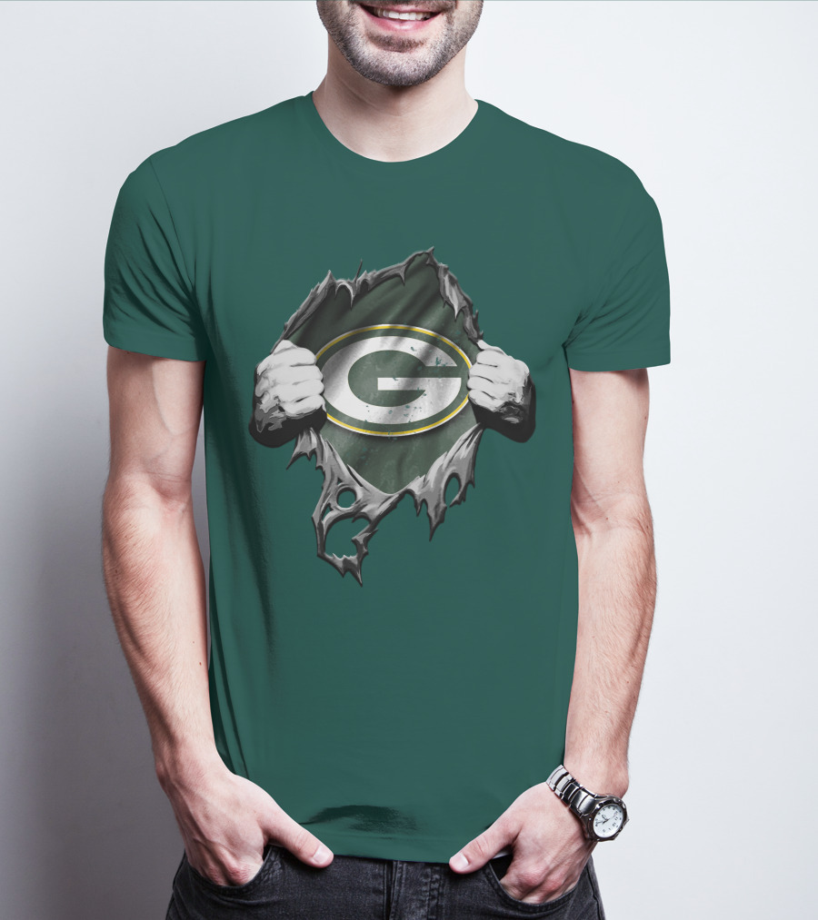 Torn Green Bay Packers Logo With Hands On Green Background T-Shirt