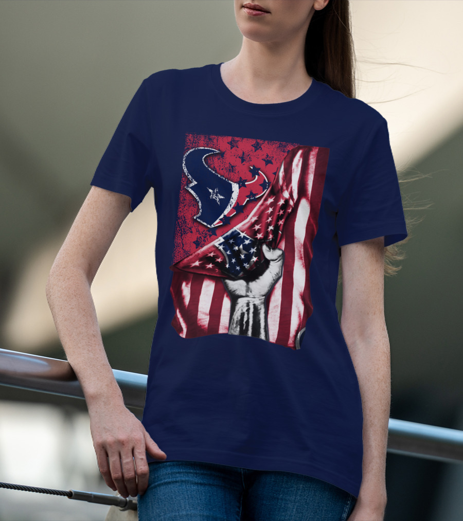 Houston Texans Stars And Stripes American Flag Fist T-Shirt