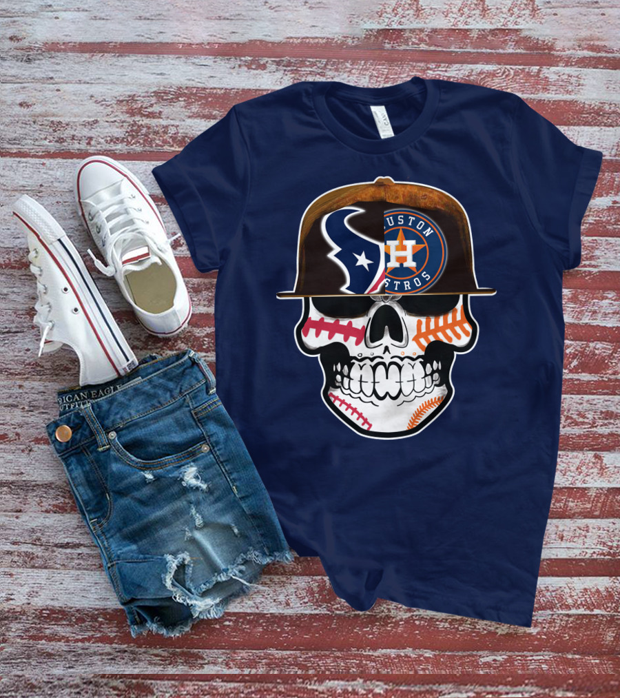 Houston Texans Astros Skull Logo Baseball Football Fusion T-Shirt