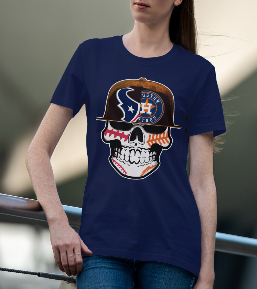 Houston Texans Astros Skull Logo Baseball Football Fusion T-Shirt