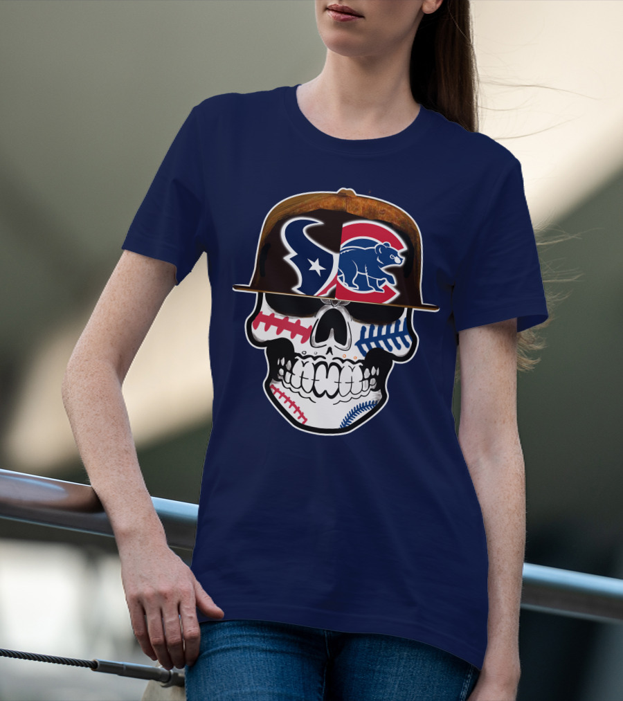 Houston Texans Chicago Cubs Skull Baseball Football Fusion T-Shirt