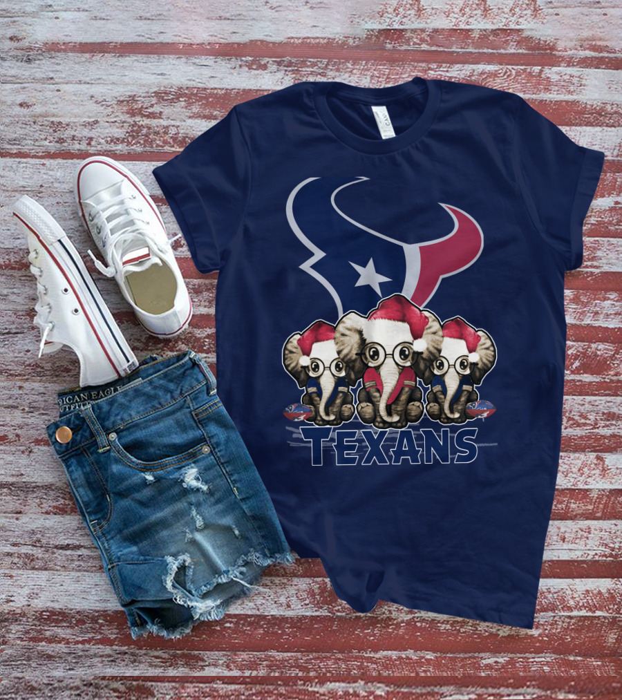 Elephants In Christmas Hats With Houston Texans T-Shirt