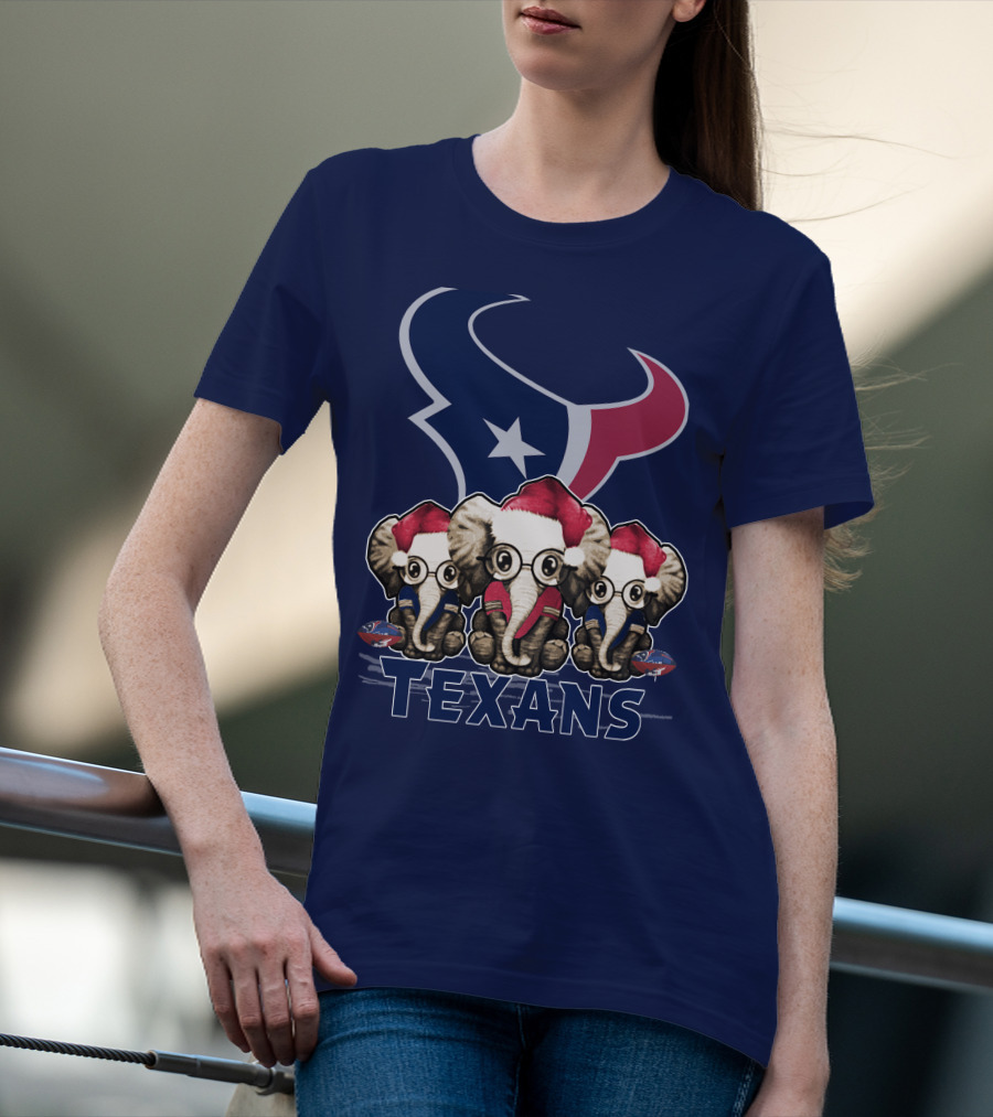 Elephants In Christmas Hats With Houston Texans T-Shirt