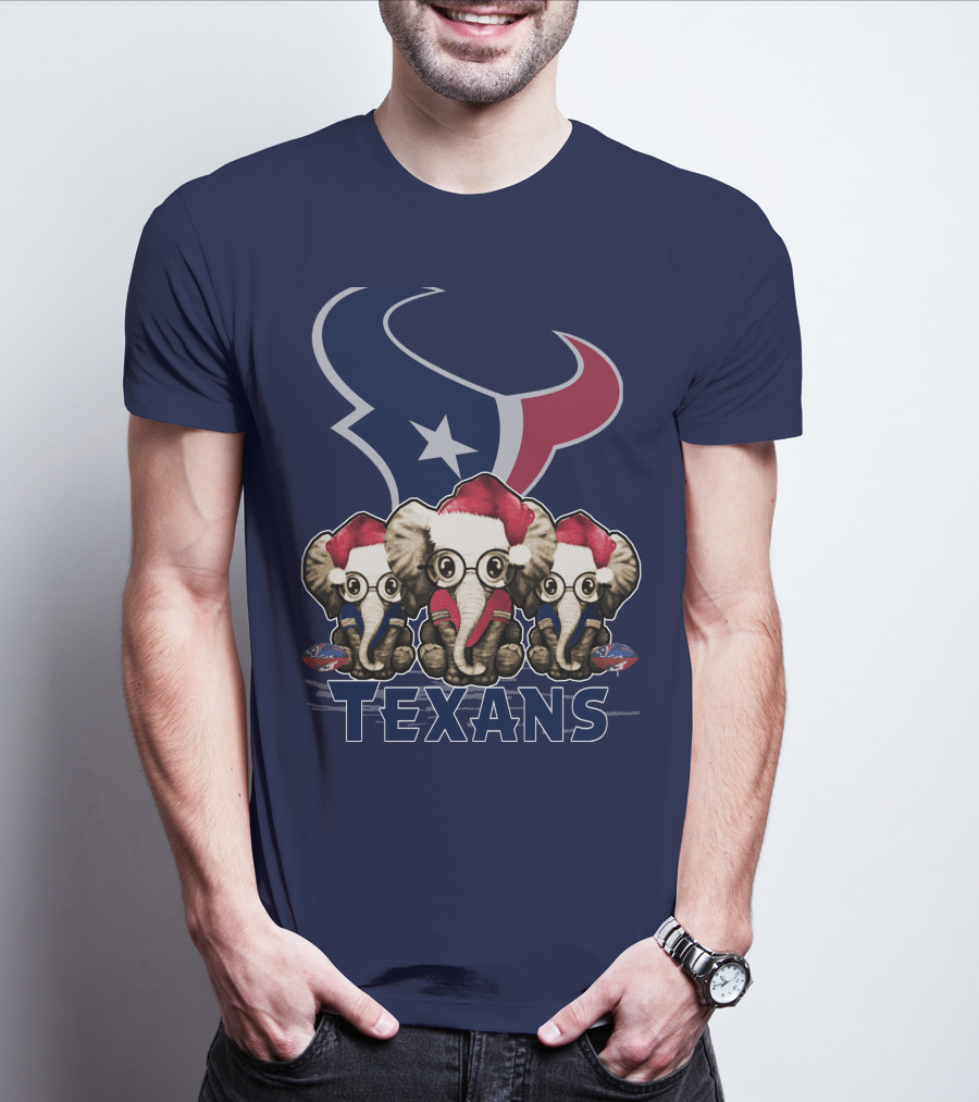 Elephants In Christmas Hats With Houston Texans T-Shirt