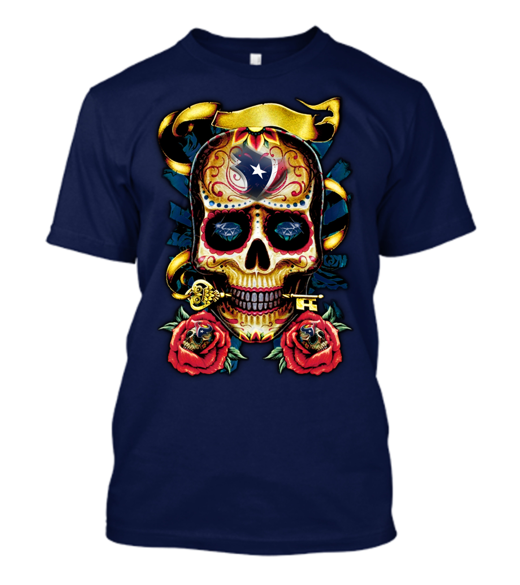 Houston Texans Skull Design With Roses And Key T-Shirt