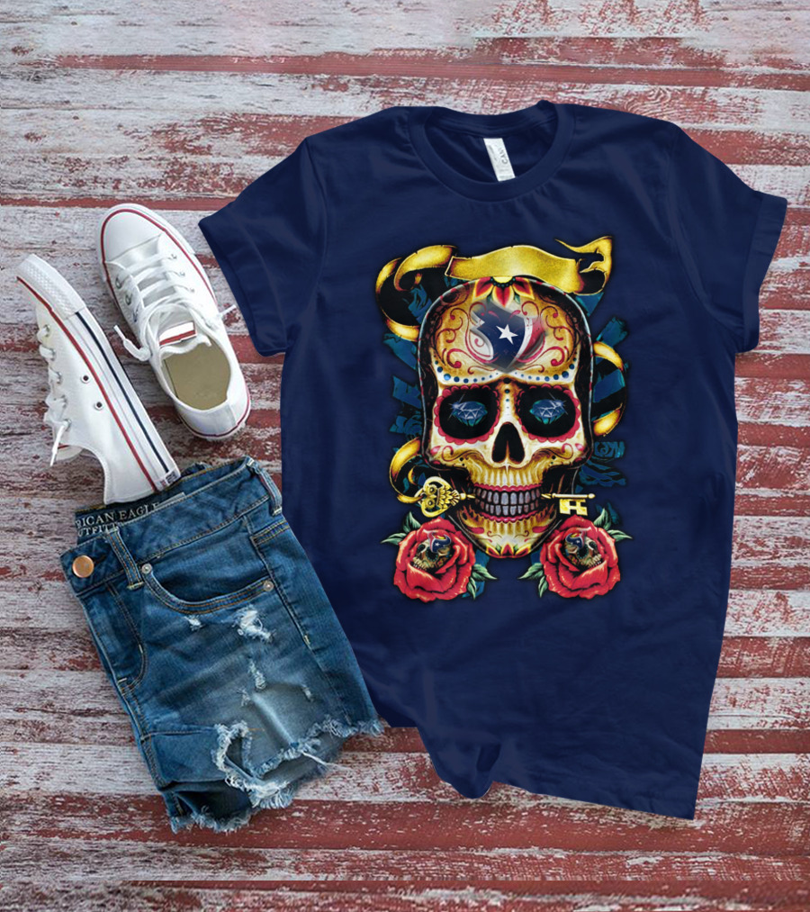 Houston Texans Skull Design With Roses And Key T-Shirt