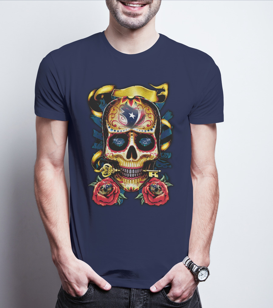 Houston Texans Skull Design With Roses And Key T-Shirt