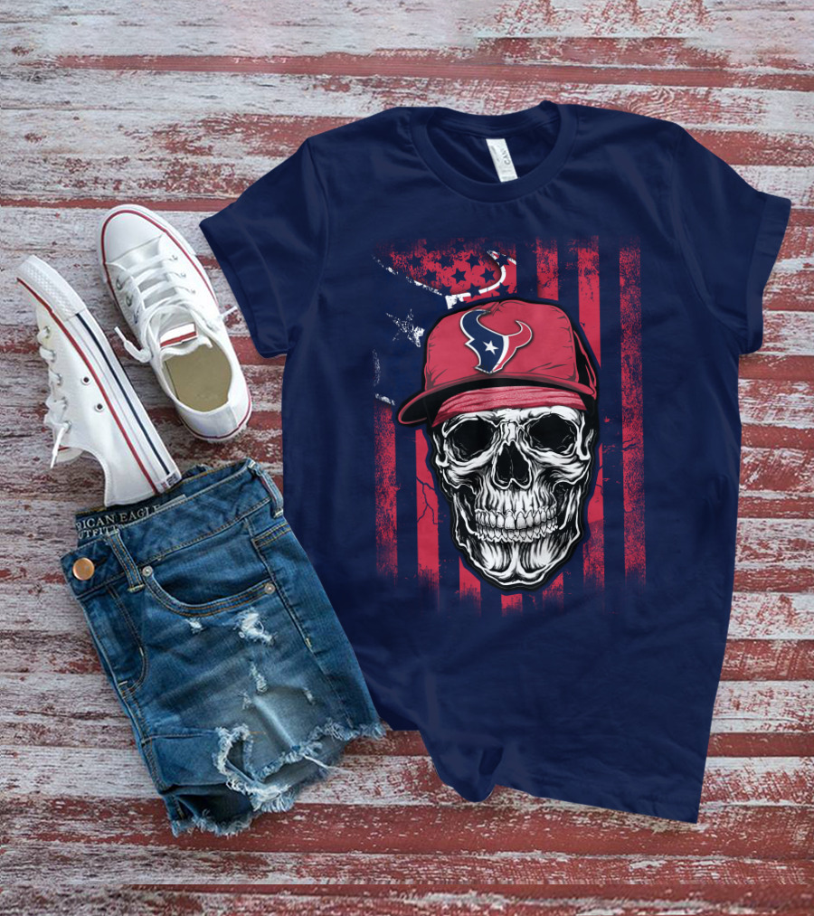 Skull In Houston Texans Hat With American Flag Background T-Shirt
