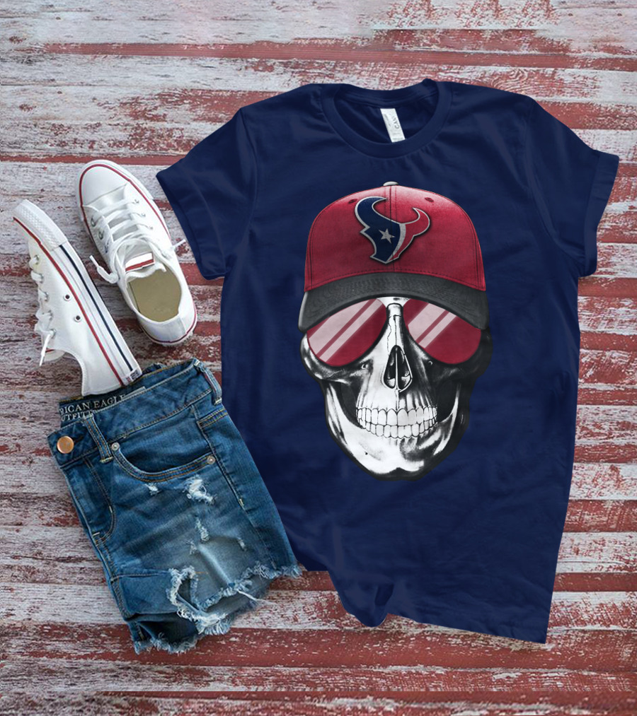 Skull With Houston Texans Logo Hat And Reflective Sunglasses T-Shirt