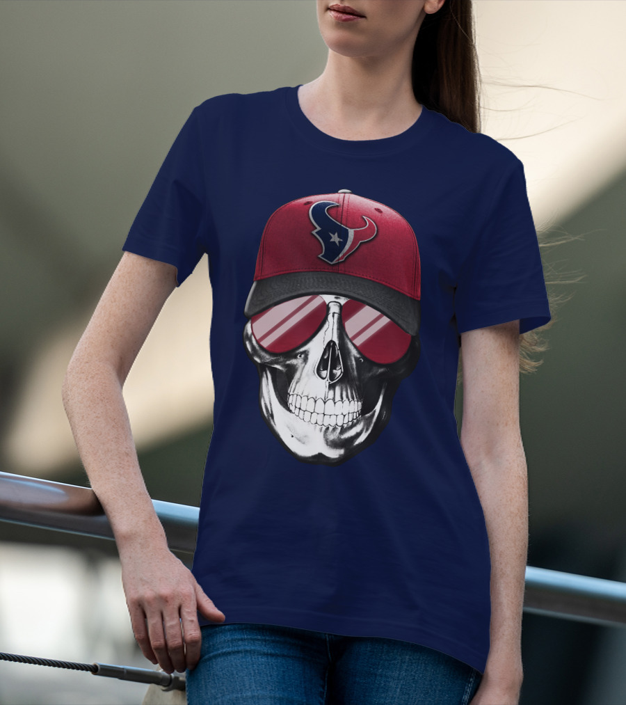 Skull With Houston Texans Logo Hat And Reflective Sunglasses T-Shirt