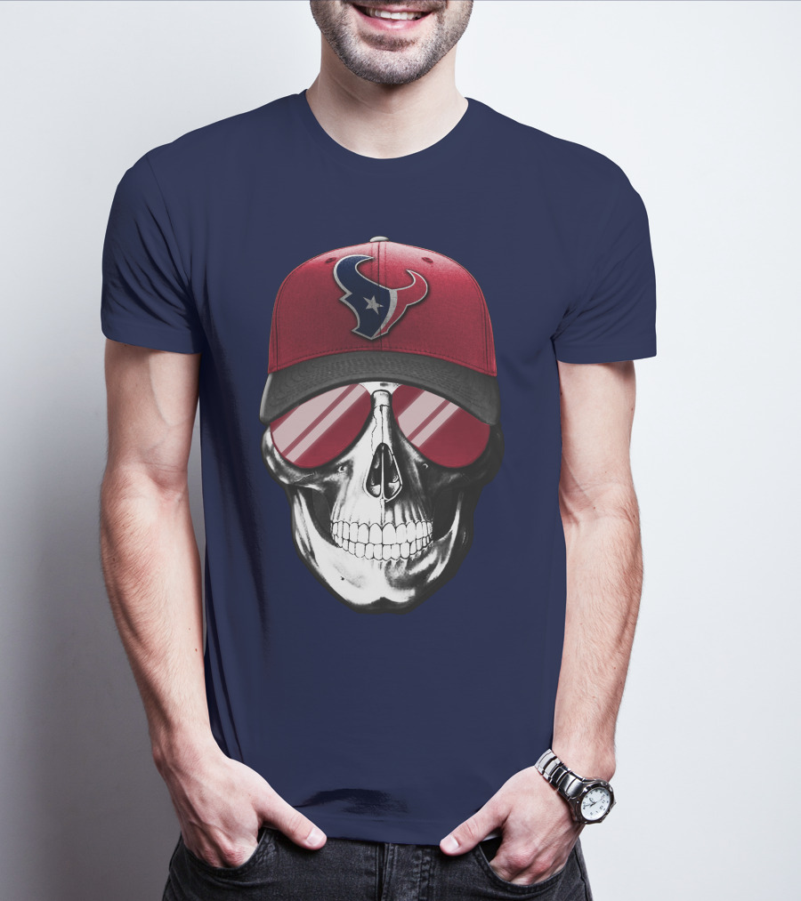Skull With Houston Texans Logo Hat And Reflective Sunglasses T-Shirt
