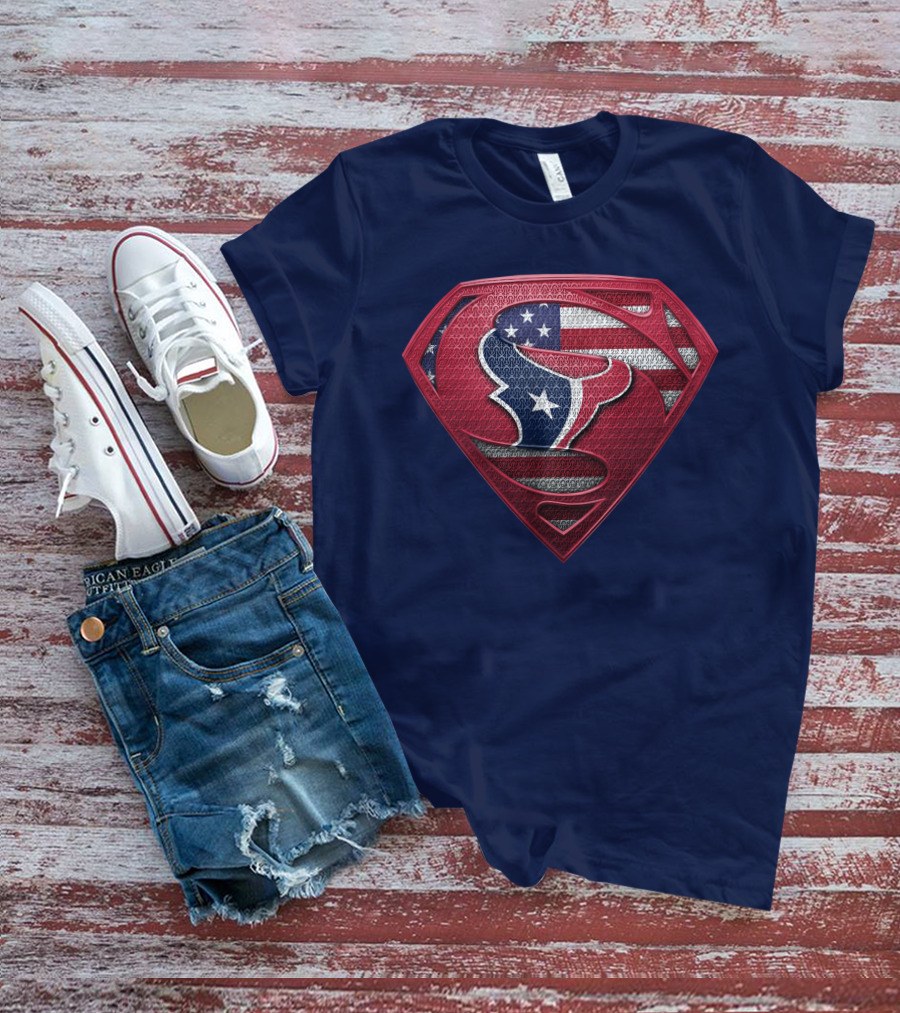 Spm Houston Texans Superman Shield American Flag T-Shirt
