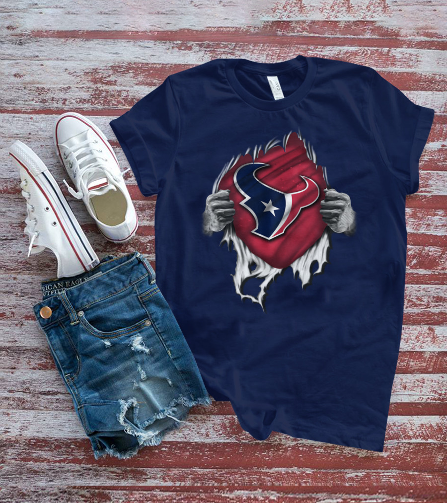 Torn Houston Texans Emblem Revealed Through Superhero Rip Effect T-Shirt