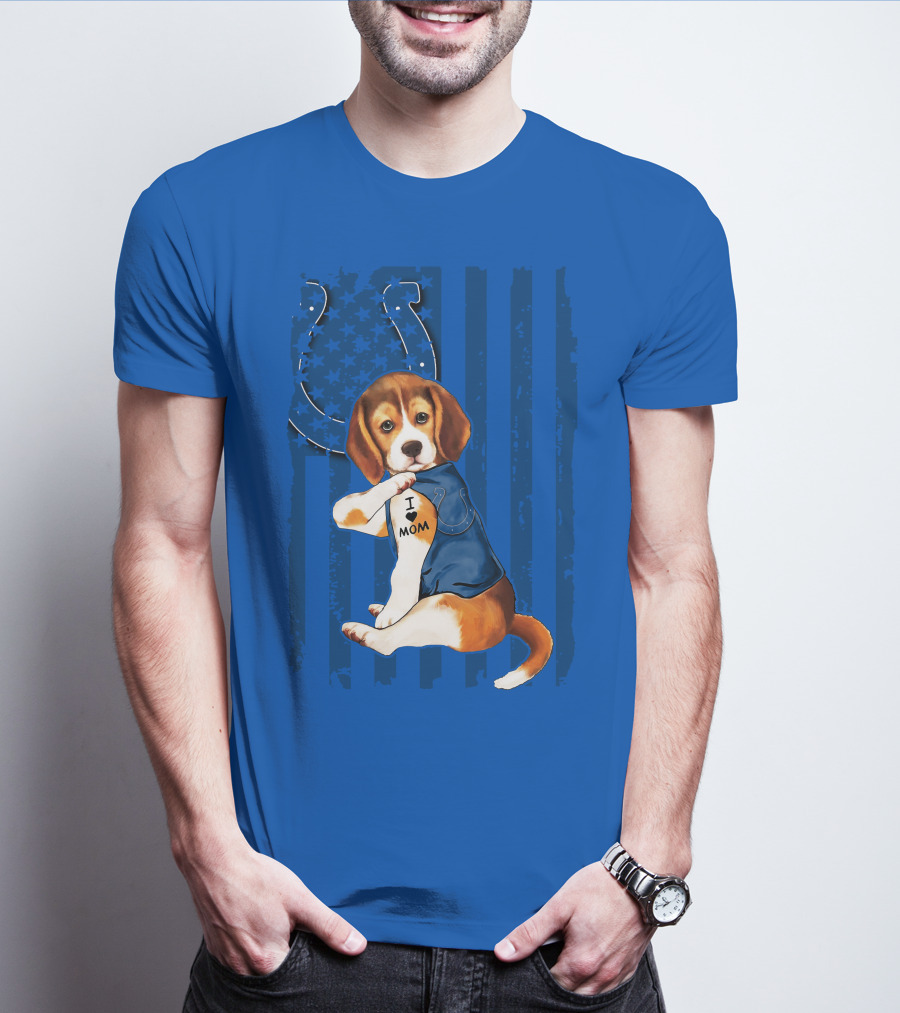 Beagle Wearing I Love Mom Indianapolis Colts Shirt With Horseshoe T-Shirt