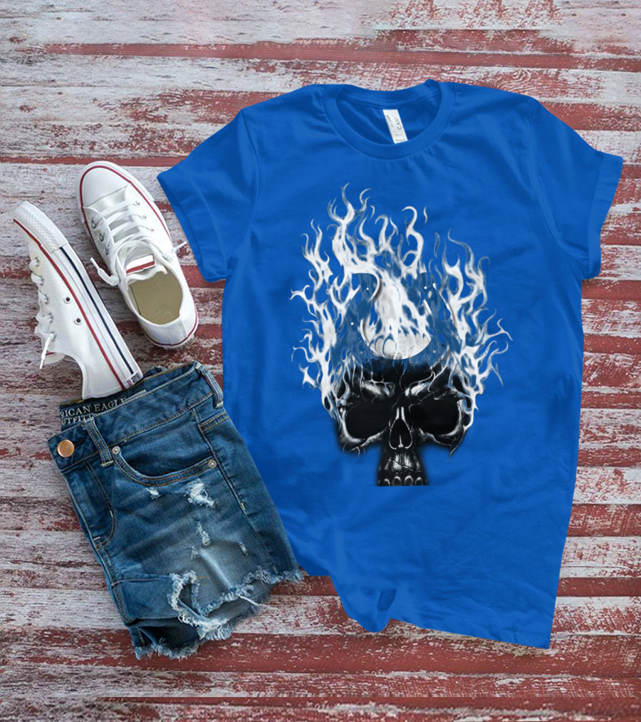 Indianapolis Colts 04 Skull With Horseshoe And Flames T-Shirt