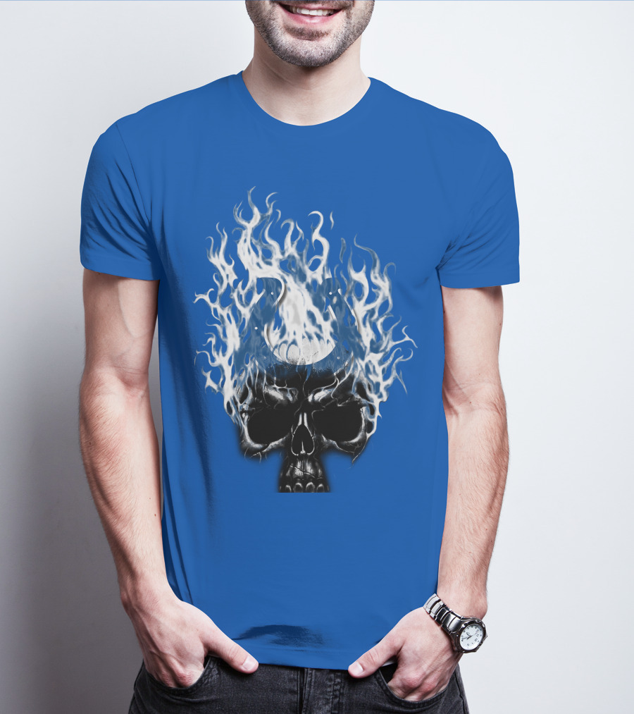 Indianapolis Colts 04 Skull With Horseshoe And Flames T-Shirt