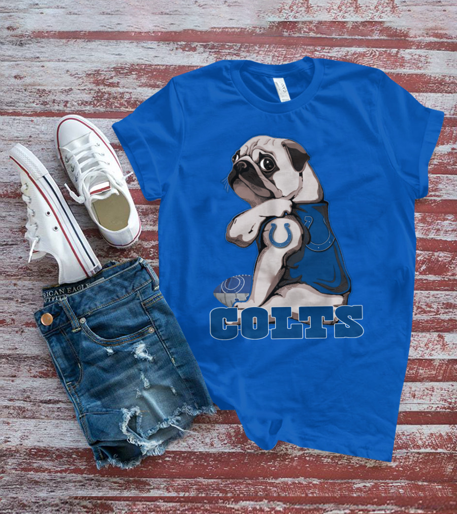 Pug Colts Fan With Blue Football Gear T-Shirt