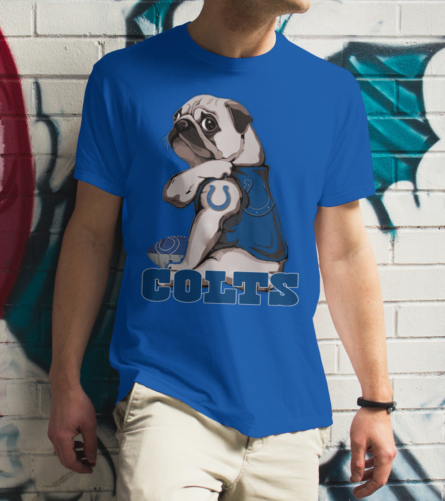 Pug Colts Fan With Blue Football Gear T-Shirt