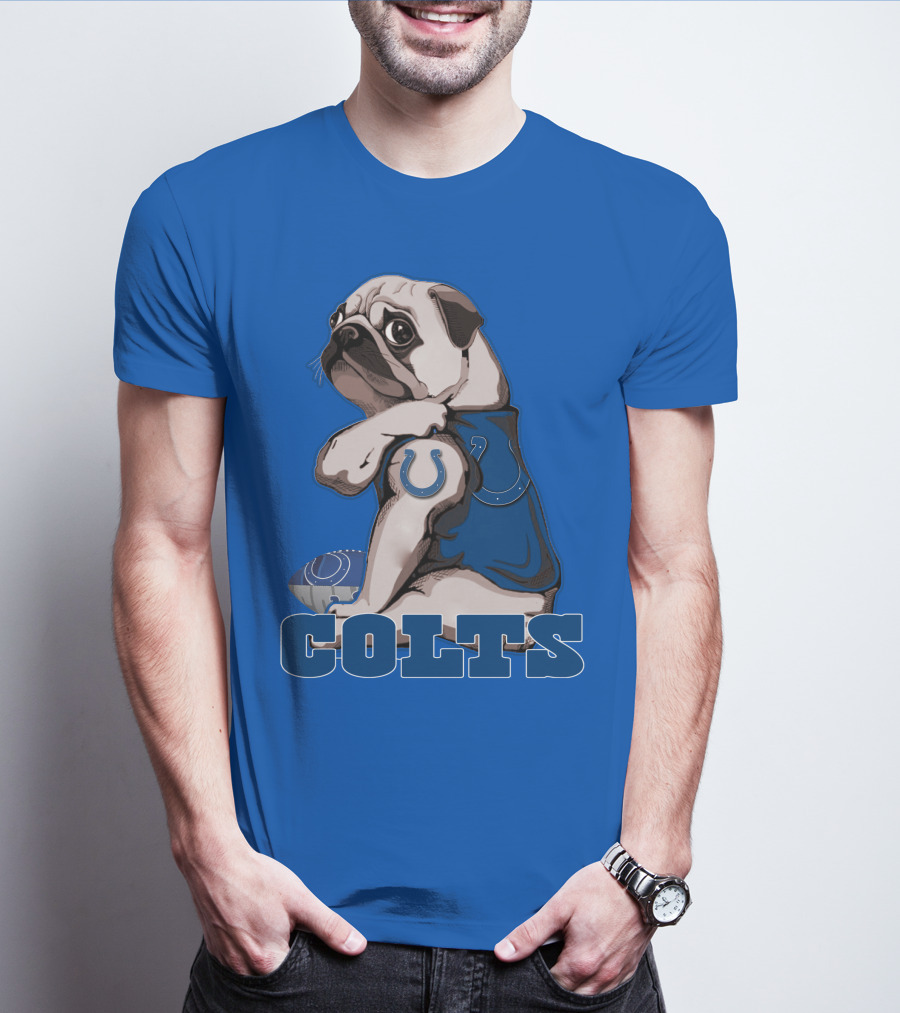 Pug Colts Fan With Blue Football Gear T-Shirt
