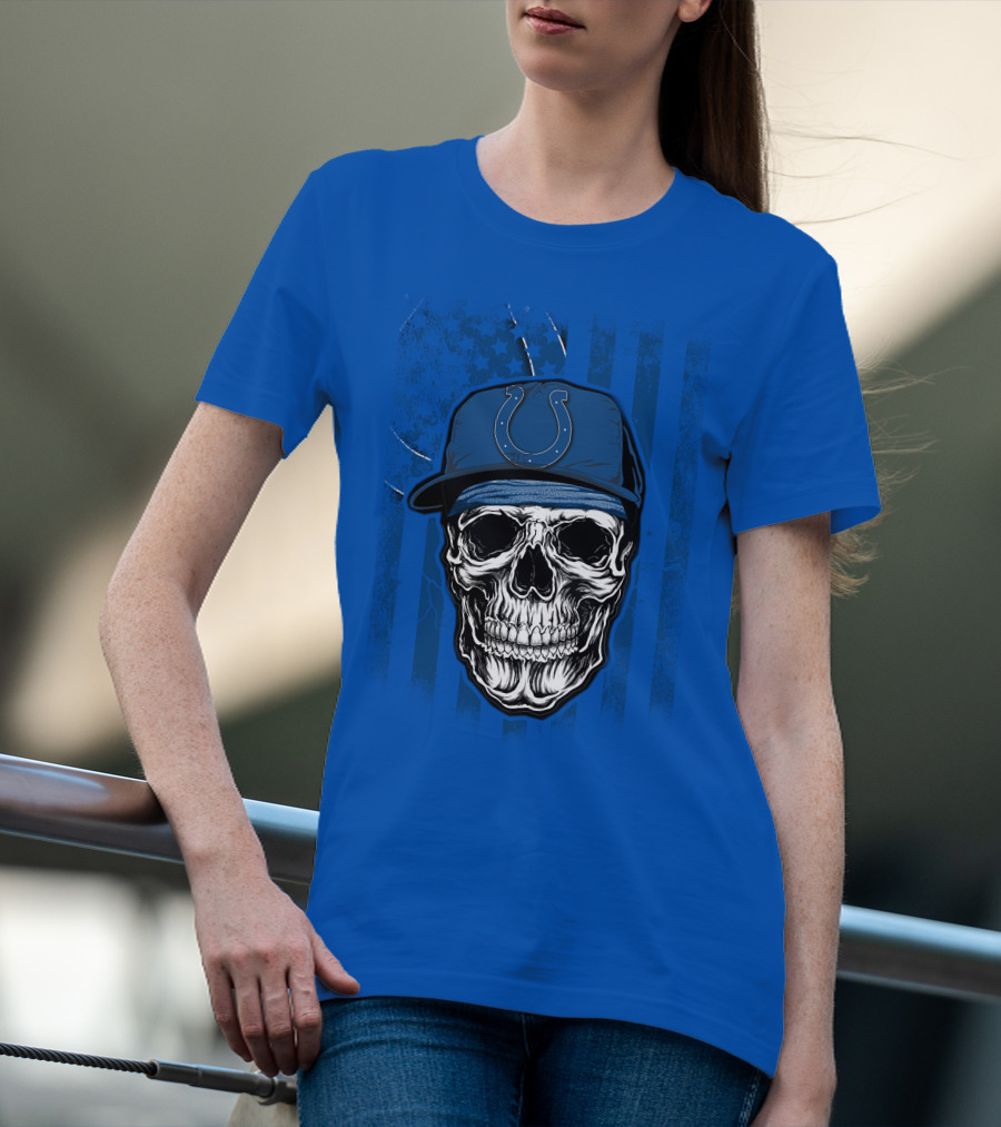 Skull Indianapolis Colts Blue Cap American Flag Background T-Shirt