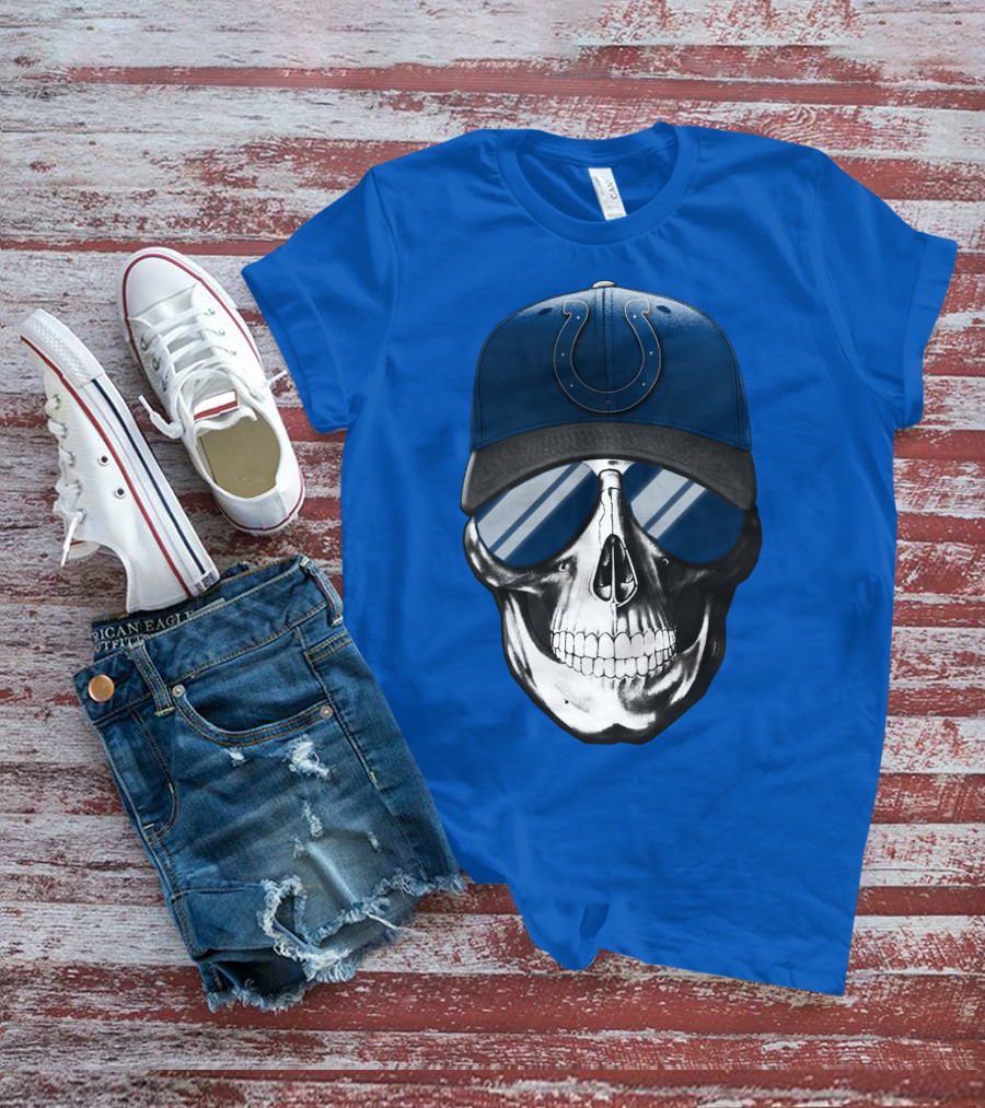 Skull Wearing Indianapolis Colts Cap With Sunglasses T-Shirt