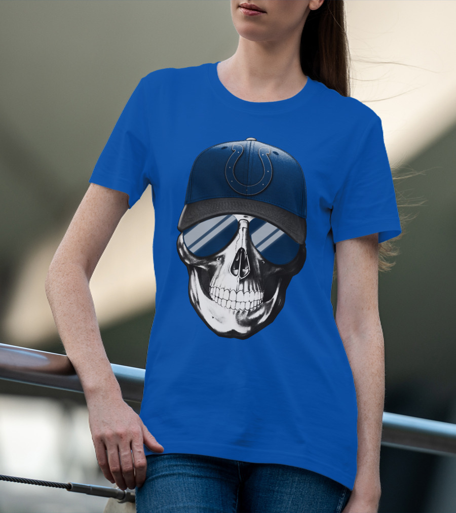 Skull Wearing Indianapolis Colts Cap With Sunglasses T-Shirt
