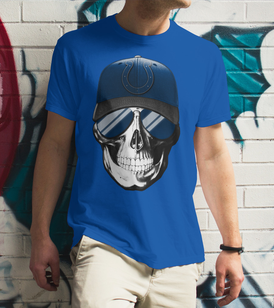 Skull Wearing Indianapolis Colts Cap With Sunglasses T-Shirt
