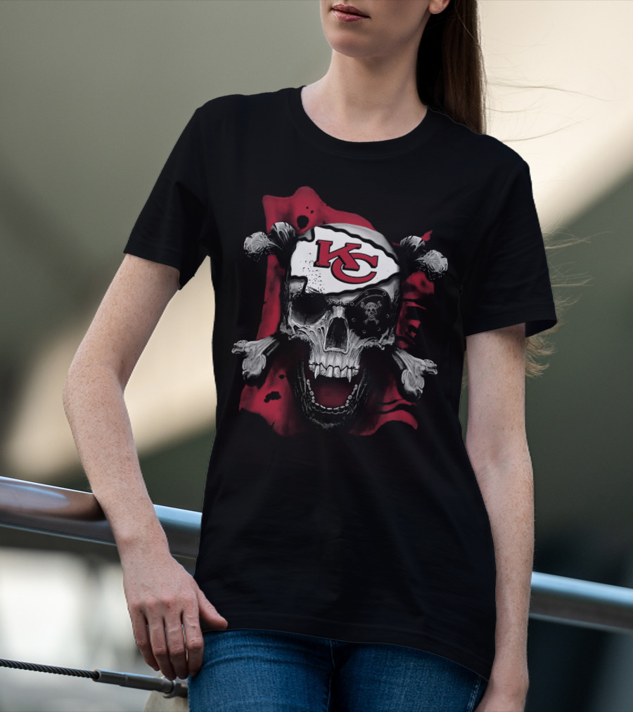 Skull And Crossbones With Kansas City Chiefs Logo T-Shirt