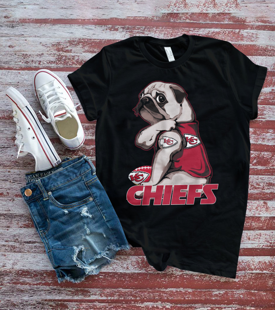Pug Wearing Kansas City Chiefs Jersey With Football T-Shirt