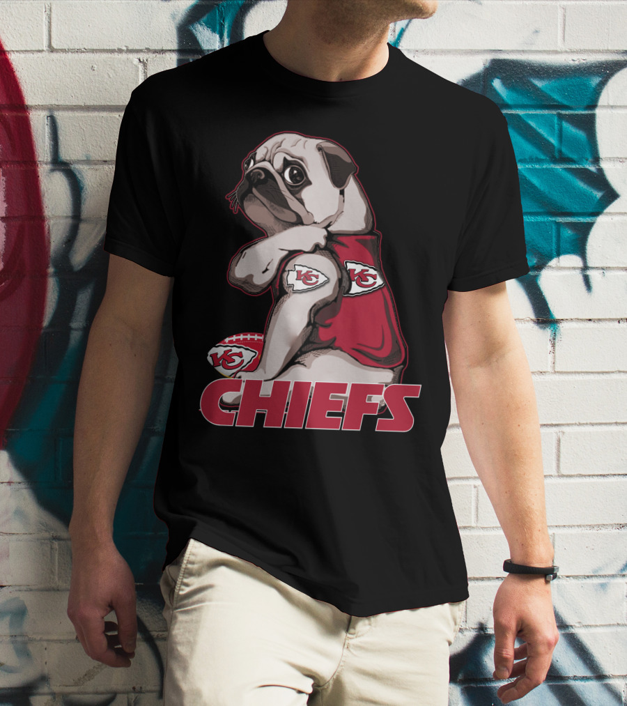 Pug Wearing Kansas City Chiefs Jersey With Football T-Shirt