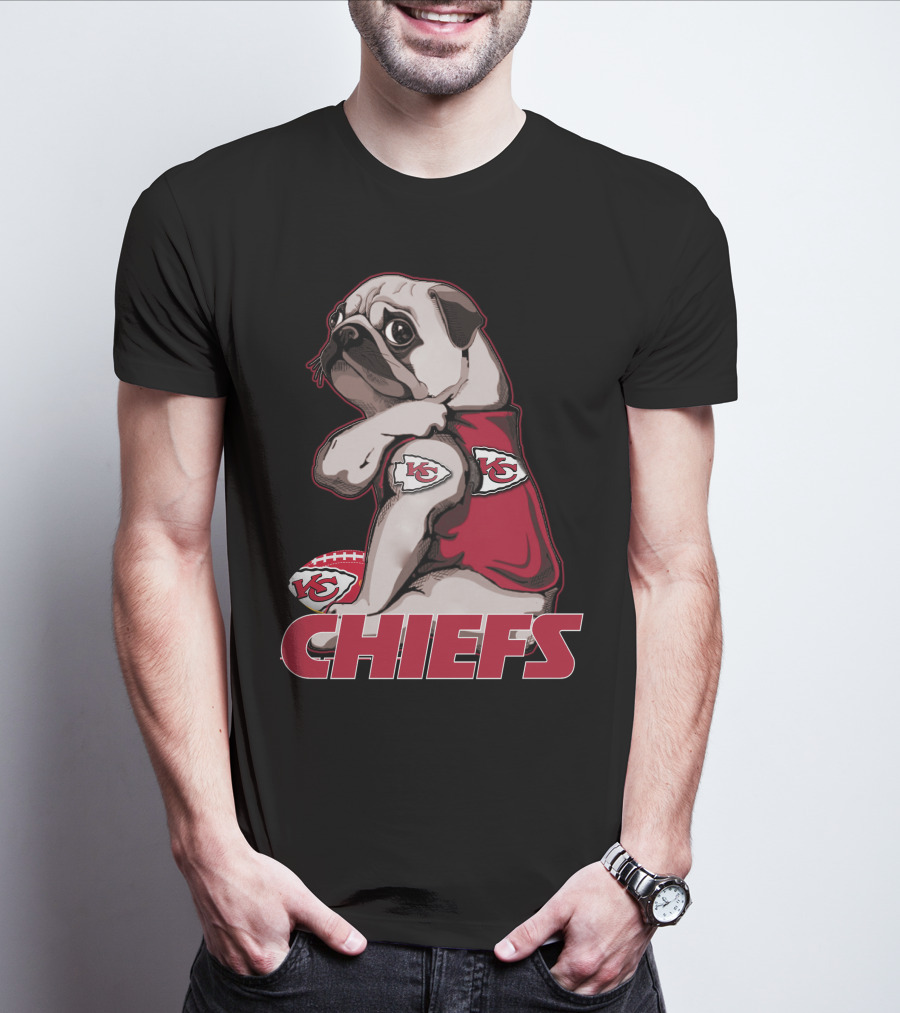 Pug Wearing Kansas City Chiefs Jersey With Football T-Shirt