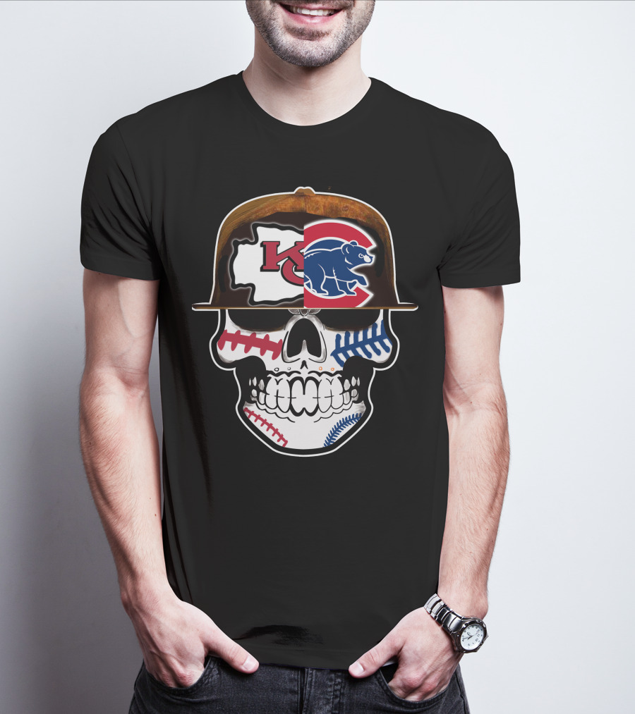 Kansas City Chiefs Chicago Cubs Skull Baseball Football Fusion T-Shirt