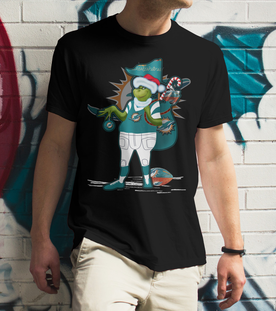 Grinchxmas Miami Dolphins Holiday Grinch With Football And Ornament Santa Hat T-Shirt