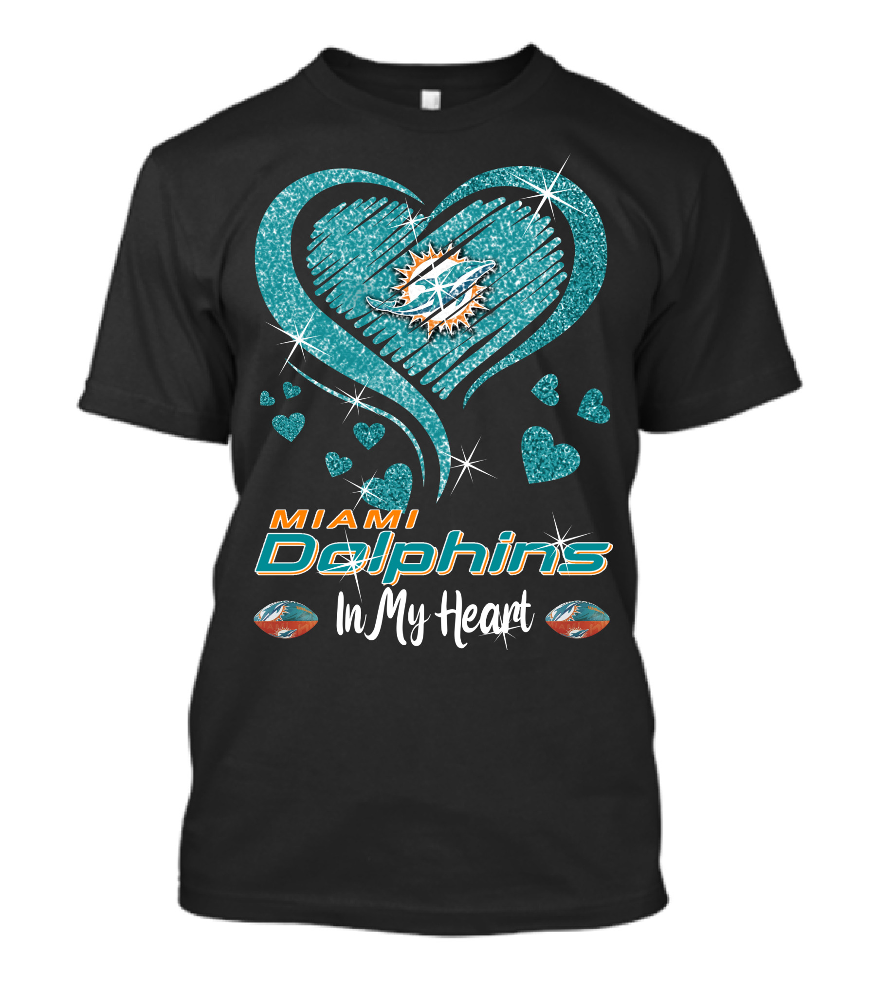 Miami Dolphins In My Heart Sparkling Teal Design With Logo And Hearts T-Shirt
